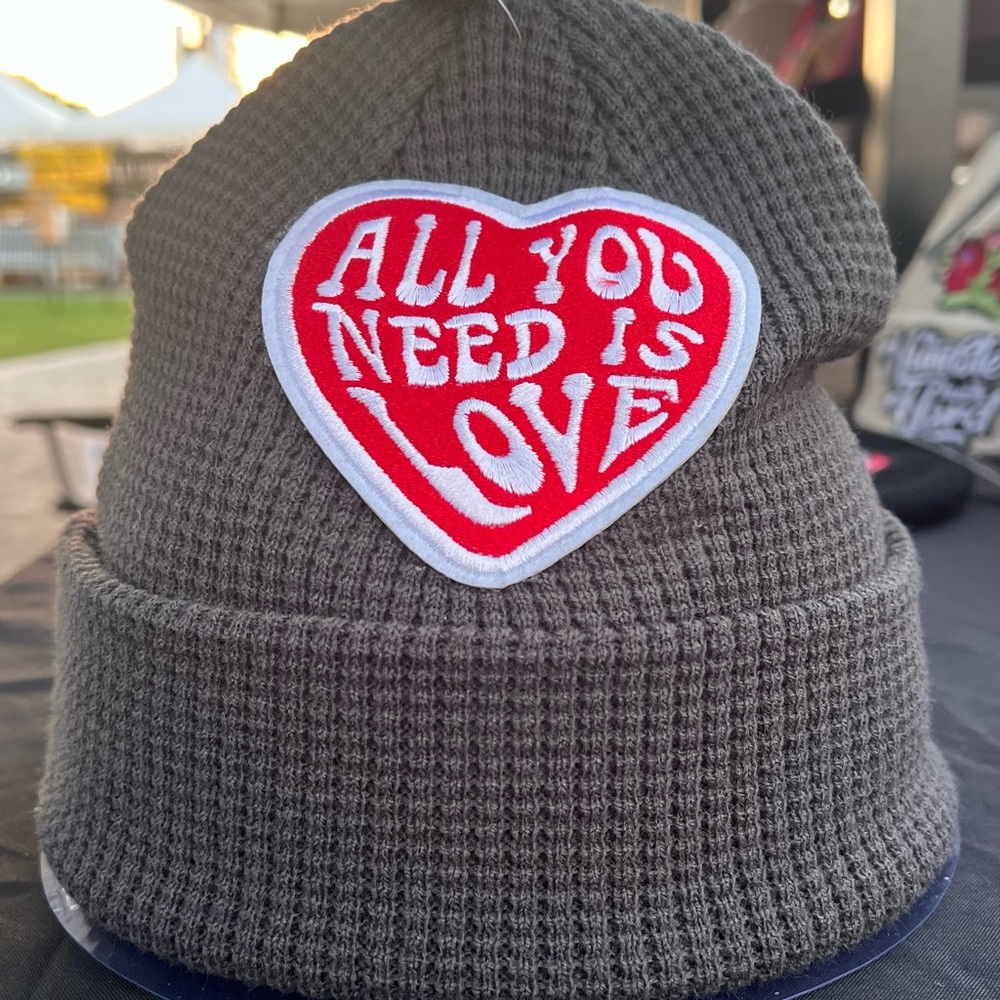 Gray beanie with heart patch ALL YOU NEED IS LOVE